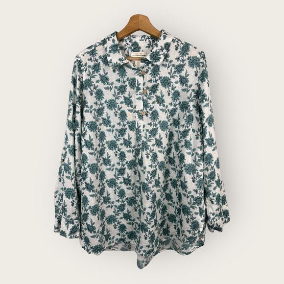 Cynthia Rowley Womens size 1X Linen Floral Roll Tab Sleeve Popover Blouse Top - Picture 1 of 9